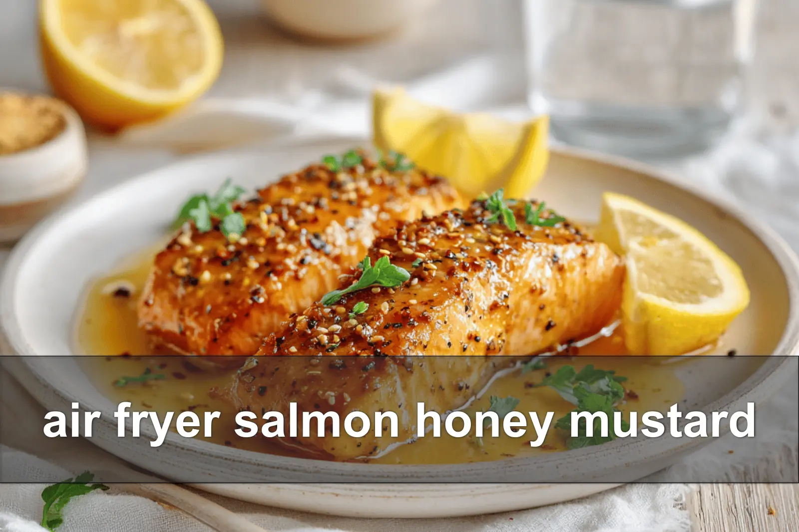 air fryer salmon honey mustard on white cloth with lemon wedges fresh herbs close up glossy glaze