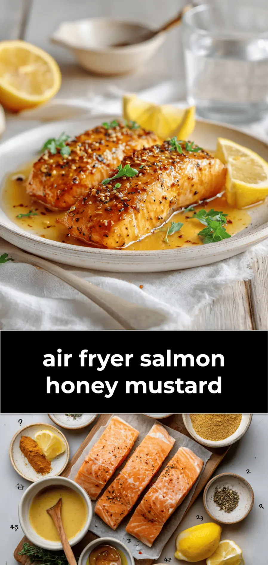air fryer salmon honey mustard on white cloth with lemon wedges fresh herbs close up glossy glaze_pin