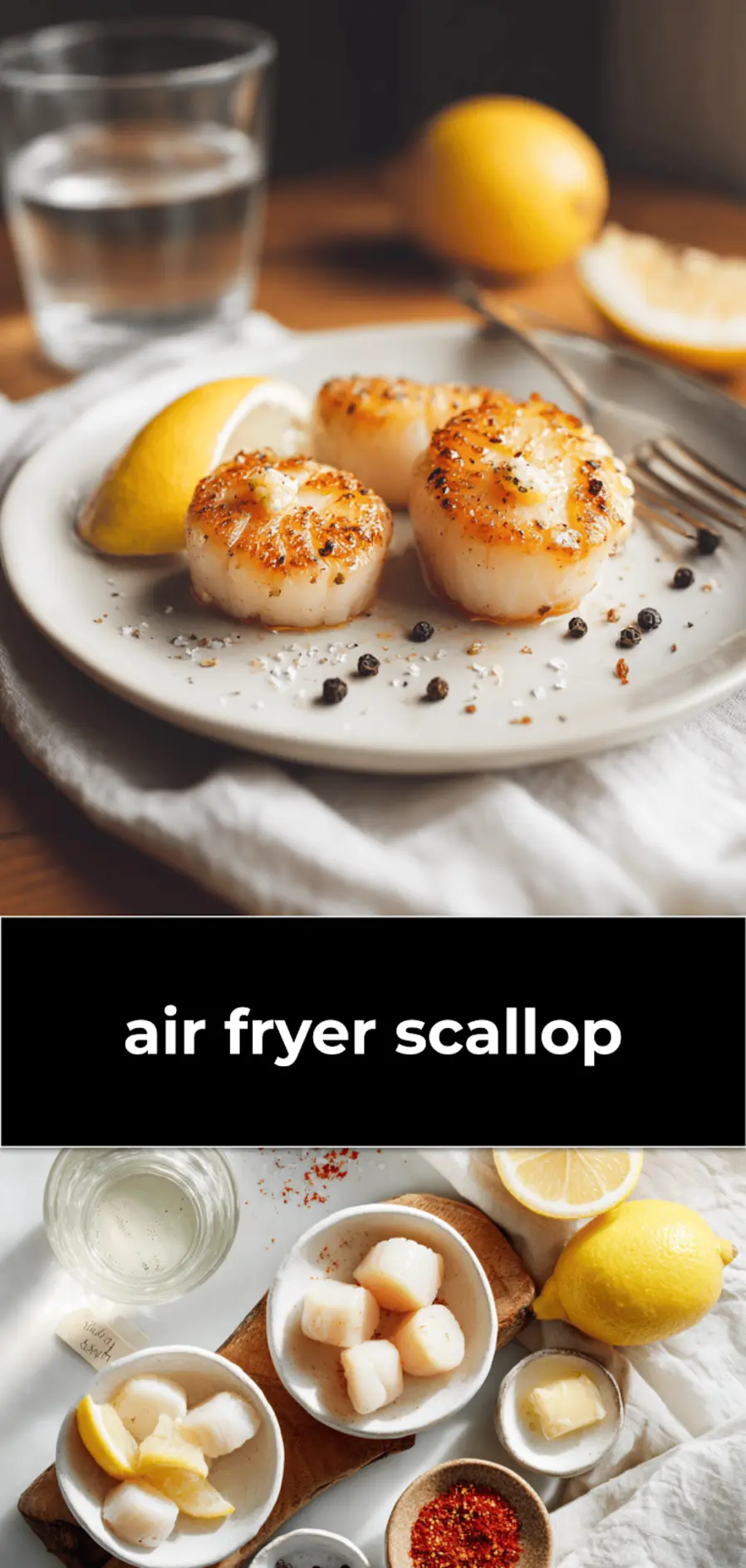 Air Fryer Scallop: Easy Delicious Recipe to Try Now 3 air fryer scallop plated with lemon wedge butter pat seasoned with paprika and salt flakes_pin