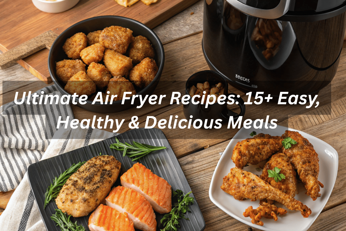 Ultimate Air Fryer Recipes: 15+ Easy, Healthy & Delicious Meals 1 Ultimate air fryer recipe collection showing variety of dishes including chicken breast, salmon, hash browns and stuffed chicken around black air fryer