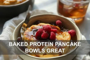 Baked Protein Pancake Bowls great: Try This Delicious Recipe BAKED PROTEIN PANCAKE BOWLS GREAT served in bowl with berries and peanut butter drizzle