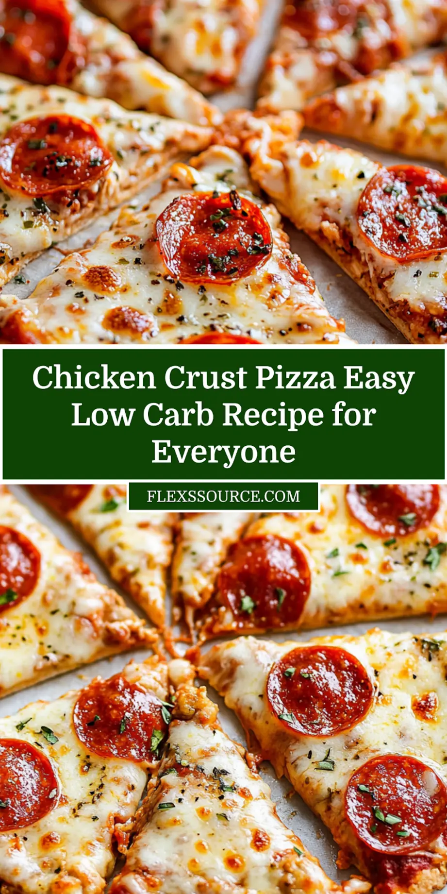 Chicken Crust Pizza Easy Low Carb Recipe: A Delicious Hit! 3 CHICKEN CRUST PIZZA EASY LOW CARB RECIPE centered hero view, clean and uncluttered_pin