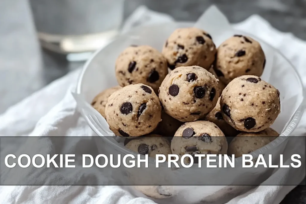 COOKIE DOUGH PROTEIN BALLS on white napkin warm natural light appetizing close up