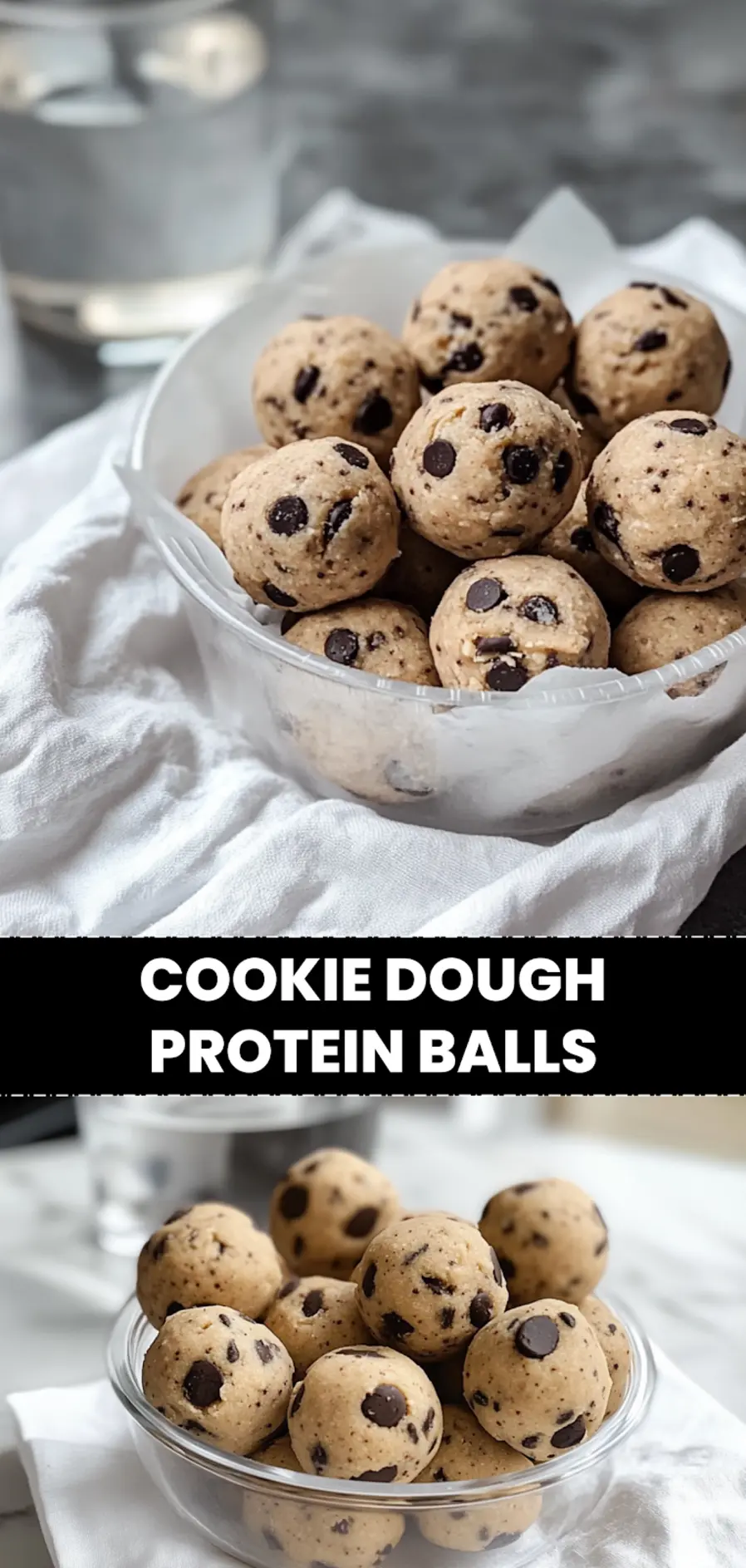 COOKIE DOUGH PROTEIN BALLS on white napkin warm natural light appetizing close up_pin