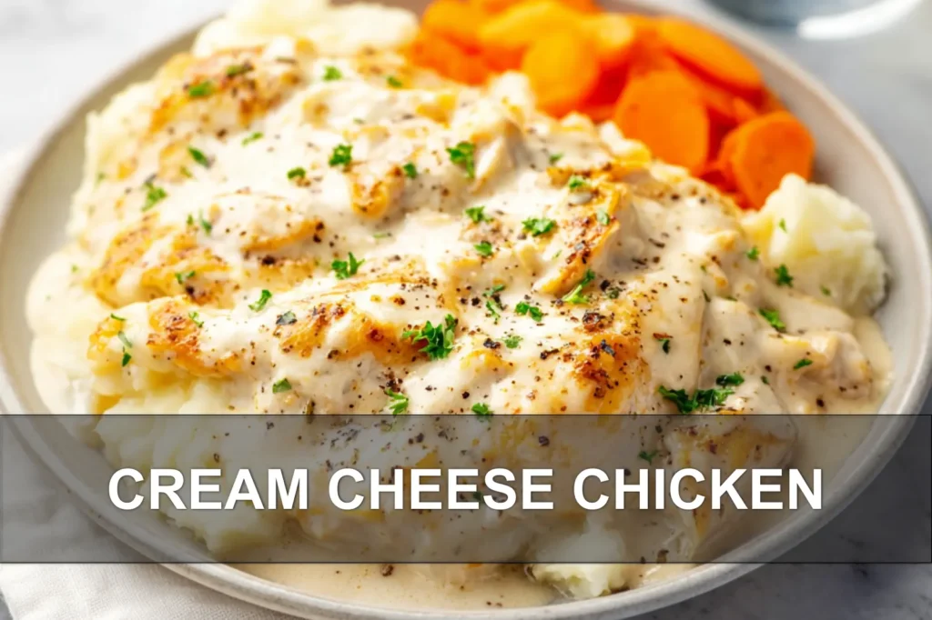 CREAM CHEESE CHICKEN creamy baked chicken with delicate cheese and fresh herbs on white cloth