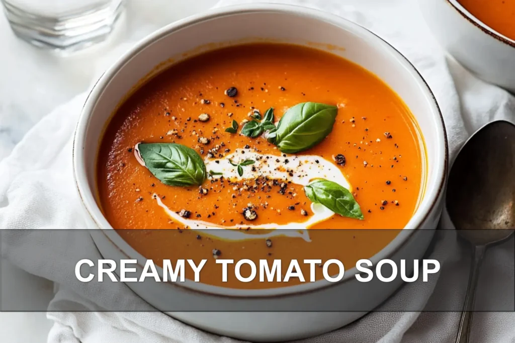 CREAMY TOMATO SOUP in rustic bowl garnished with basil and thyme warm appetizing photo