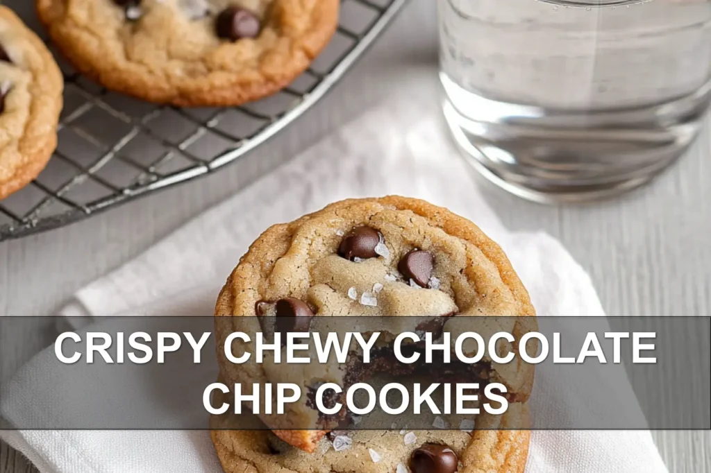 CRISPY CHEWY CHOCOLATE CHIP COOKIES hero close-up on white napkin with glass of water warm tones
