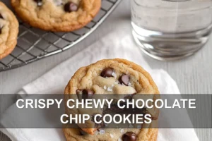 Crispy and Chewy Chocolate Chip Cookies: Simple Joy CRISPY CHEWY CHOCOLATE CHIP COOKIES hero close-up on white napkin with glass of water warm tones