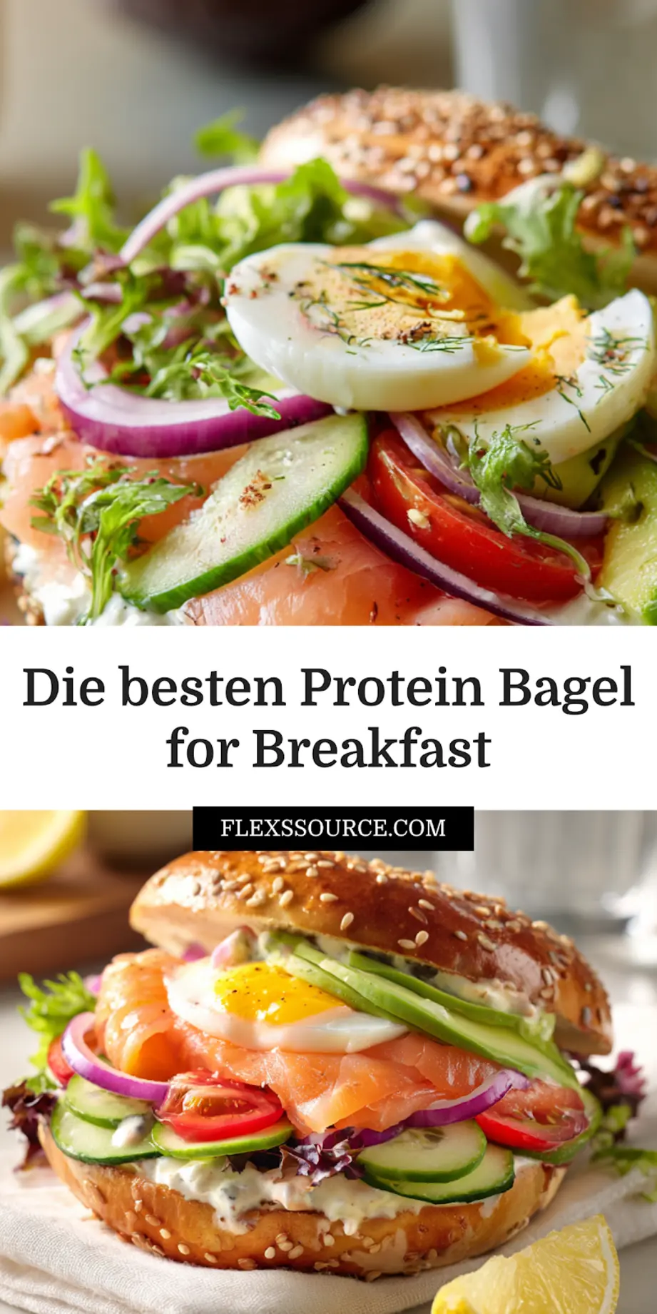Die besten Protein Bagel: Delicious High-Protein Recipe 3 DIE BESTEN PROTEIN BAGEL smoked salmon avocado eggs creamy white sauce cucumber cherry tomatoes_pin