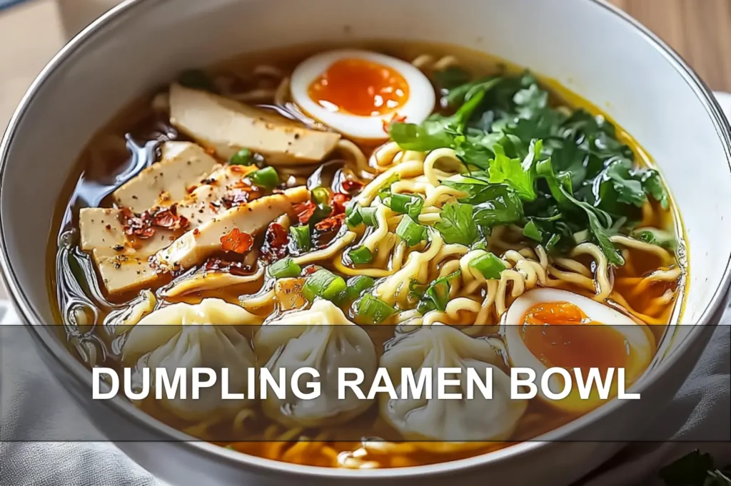 DUMPLING RAMEN BOWL with dumplings ramen eggs spinach green onions black sesame seeds in broth