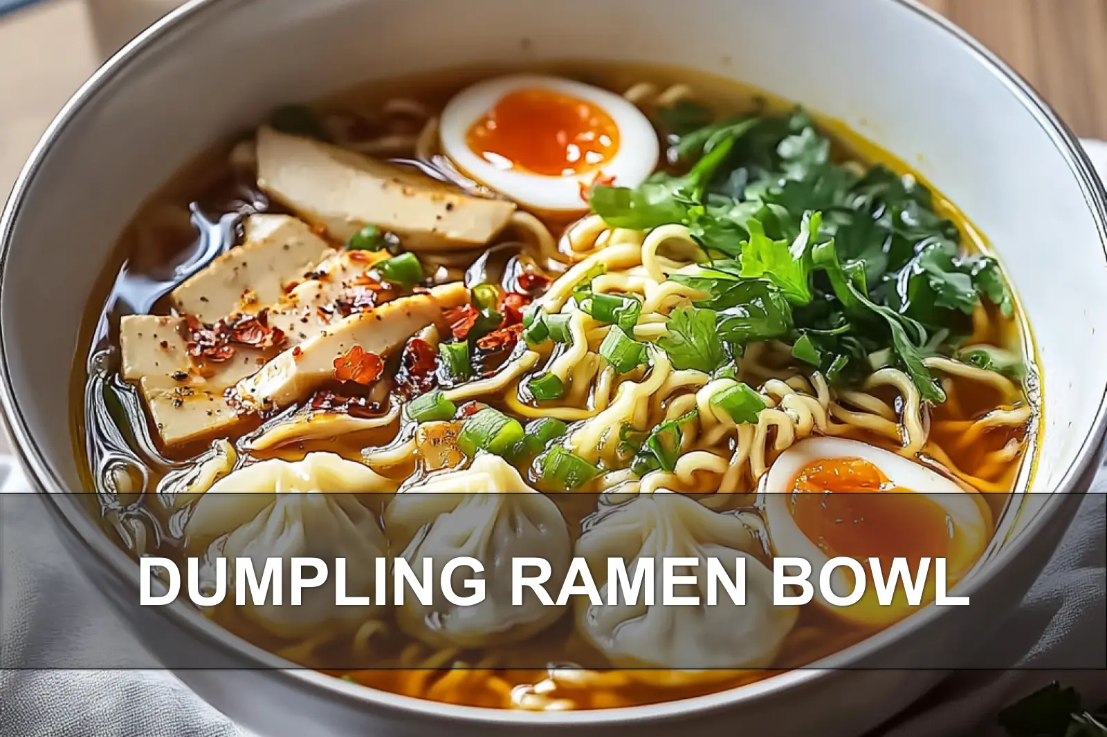 Dumpling Ramen Bowl: Easy and Delicious Recipe 4 DUMPLING RAMEN BOWL with dumplings ramen eggs spinach green onions black sesame seeds in broth