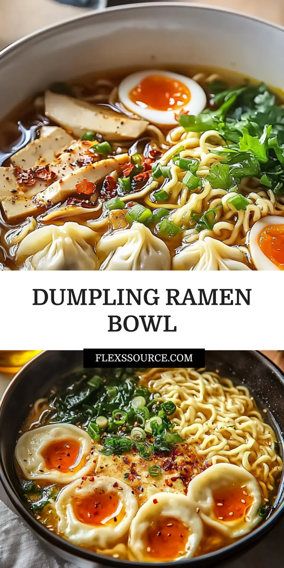 Dumpling Ramen Bowl: Easy and Delicious Recipe 3 DUMPLING RAMEN BOWL with dumplings ramen eggs spinach green onions black sesame seeds in broth_pin