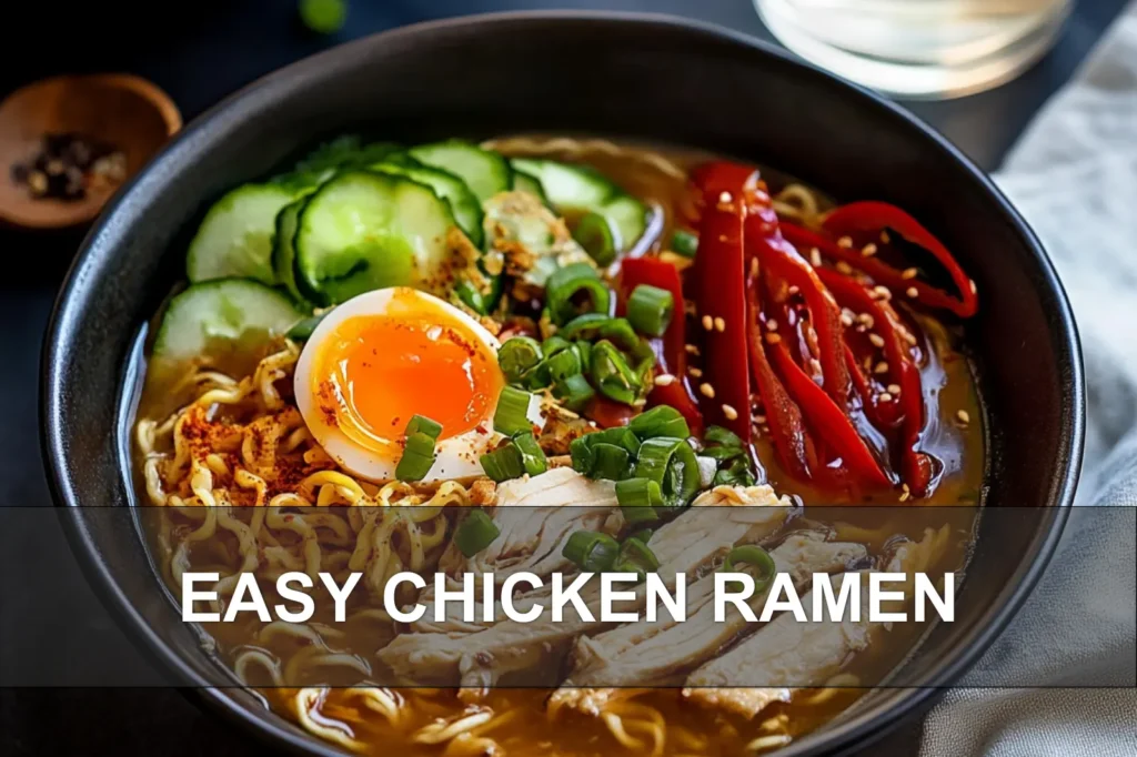 EASY CHICKEN RAMEN hero bowl with shredded chicken halved eggs spring onions and noodles
