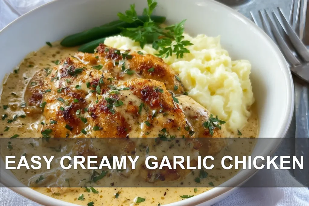 EASY CREAMY GARLIC CHICKEN plated with herbs lemon wedges and melted cheese warm inviting close-up