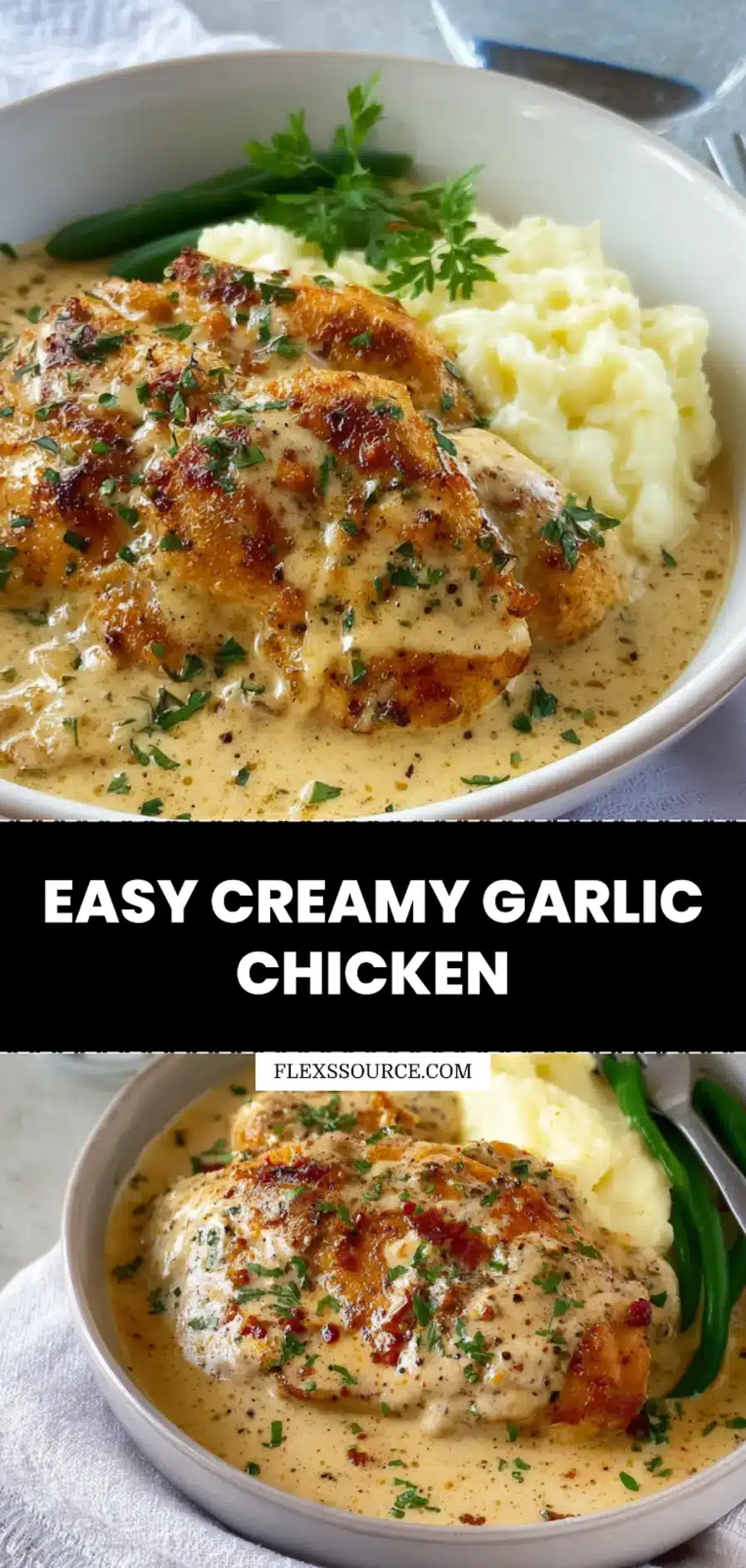 EASY CREAMY GARLIC CHICKEN plated with herbs lemon wedges and melted cheese warm inviting close-up_pin