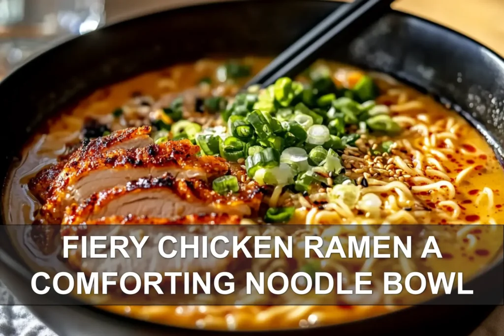 FIERY CHICKEN RAMEN A COMFORTING NOODLE BOWL with spicy chicken creamy sauce soft eggs and nori
