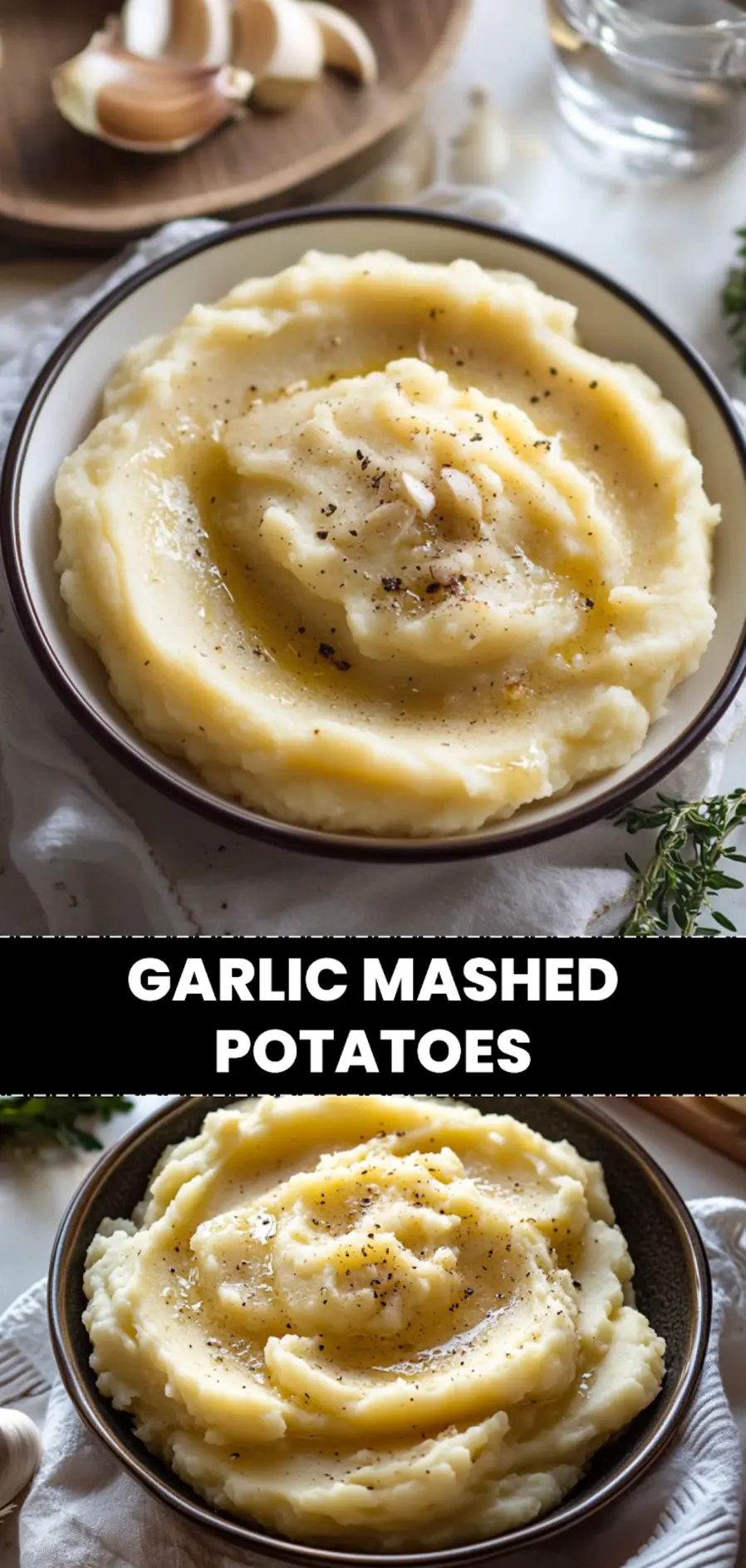 GARLIC MASHED POTATOES creamy roasted garlic mashed potatoes on white cloth with clear glass water_pin
