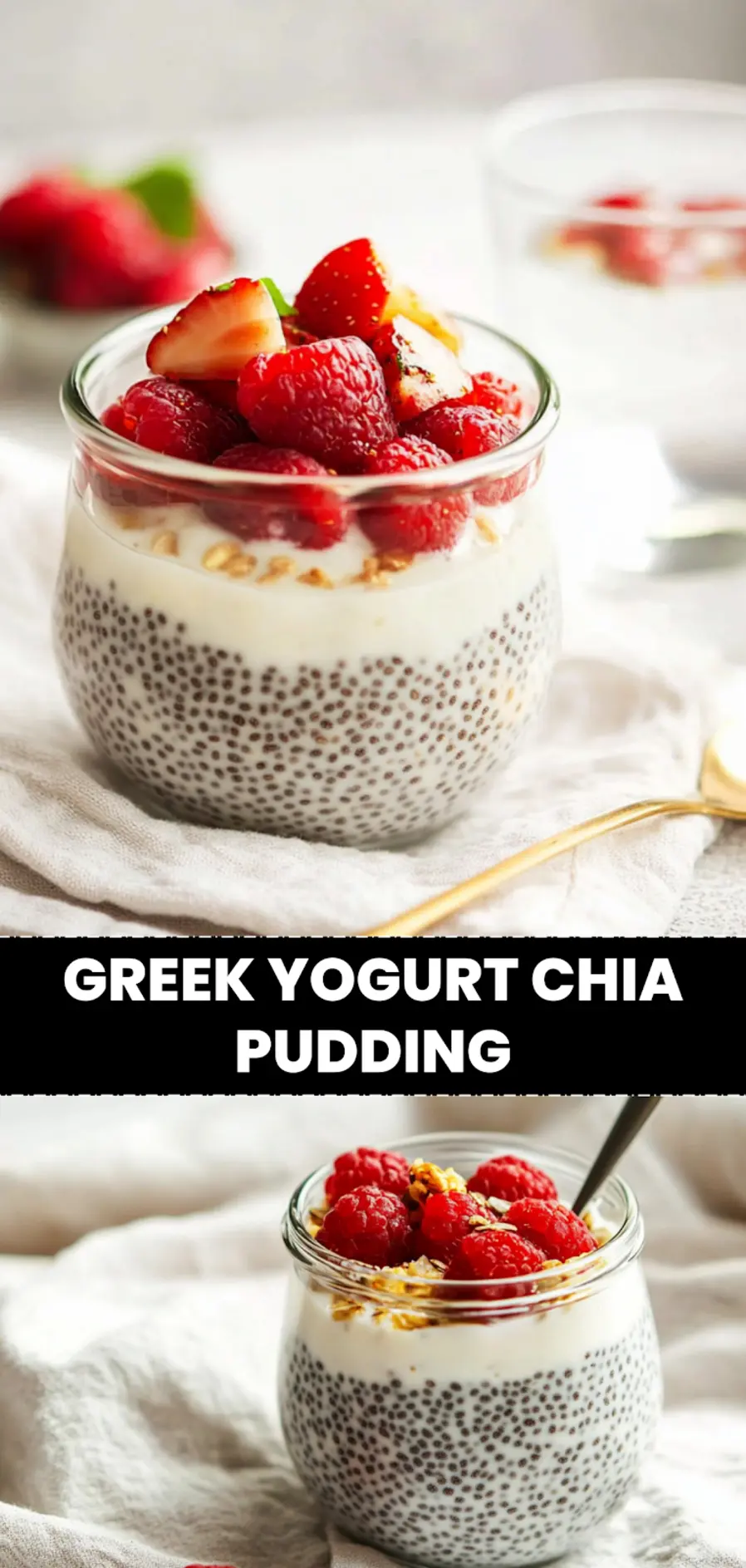 Greek Yogurt Chia Pudding: Irresistible Easy Breakfast 3 GREEK YOGURT CHIA PUDDING creamy berry parfait with nuts chocolate almond honey drizzle_pin
