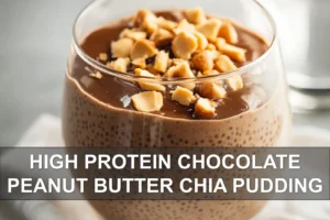 HIGH PROTEIN CHOCOLATE PEANUT BUTTER CHIA PUDDING creamy jar with peanut butter swirl and cocoa sprinkle