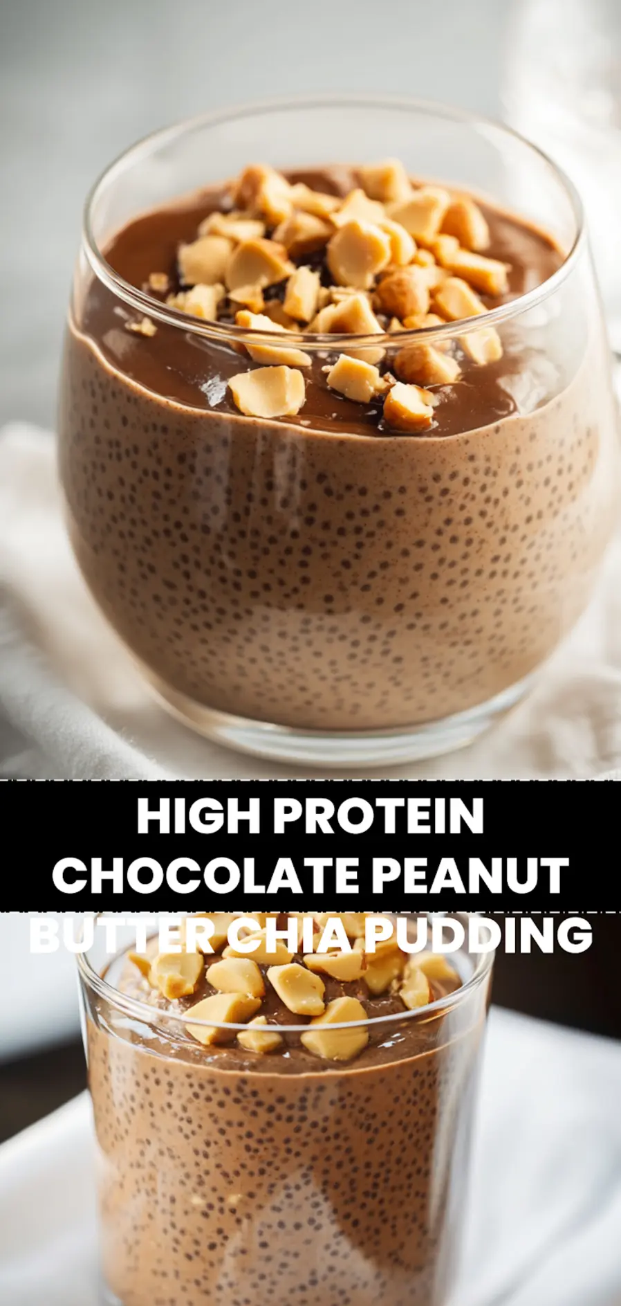 High-Protein, Chocolate Peanut Butter Chia Pudding: Delicious Treat 3 HIGH PROTEIN CHOCOLATE PEANUT BUTTER CHIA PUDDING creamy jar with peanut butter swirl and cocoa sprinkle_pin