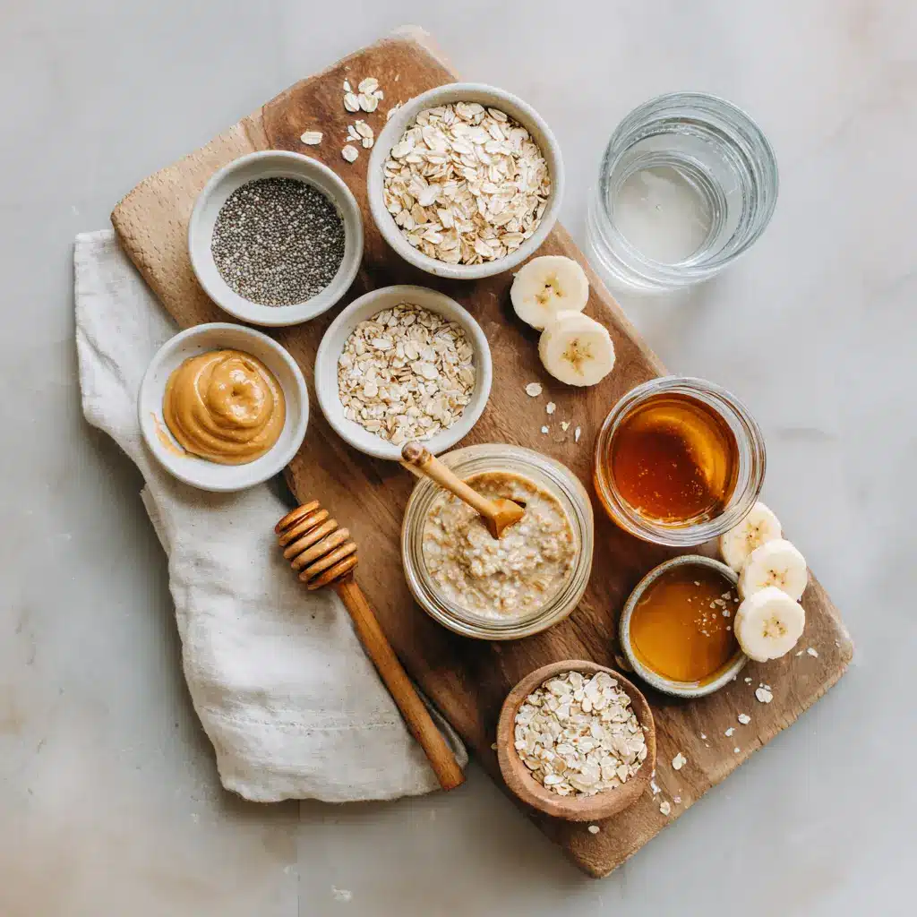 BANANA PEANUT BUTTER OVERNIGHT OATS creamy jar topped with banana and peanut butter swirl