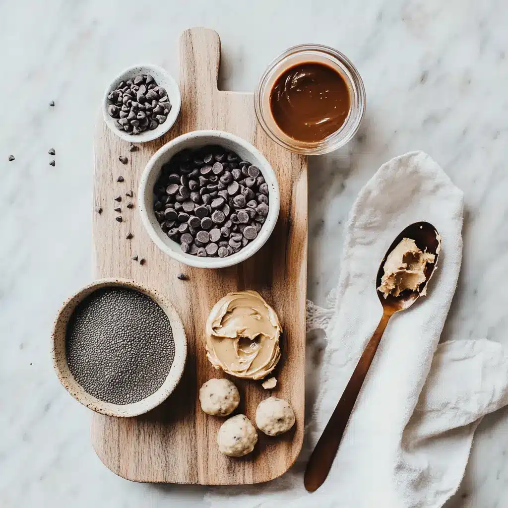 COOKIE DOUGH PROTEIN BALLS on white napkin warm natural light appetizing close up