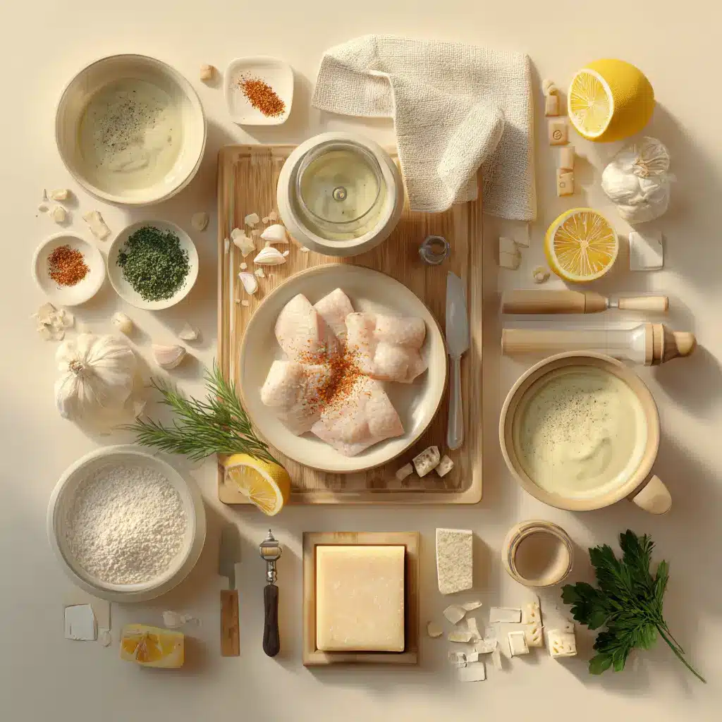 EASY CREAMY GARLIC CHICKEN plated with herbs lemon wedges and melted cheese warm inviting close-up