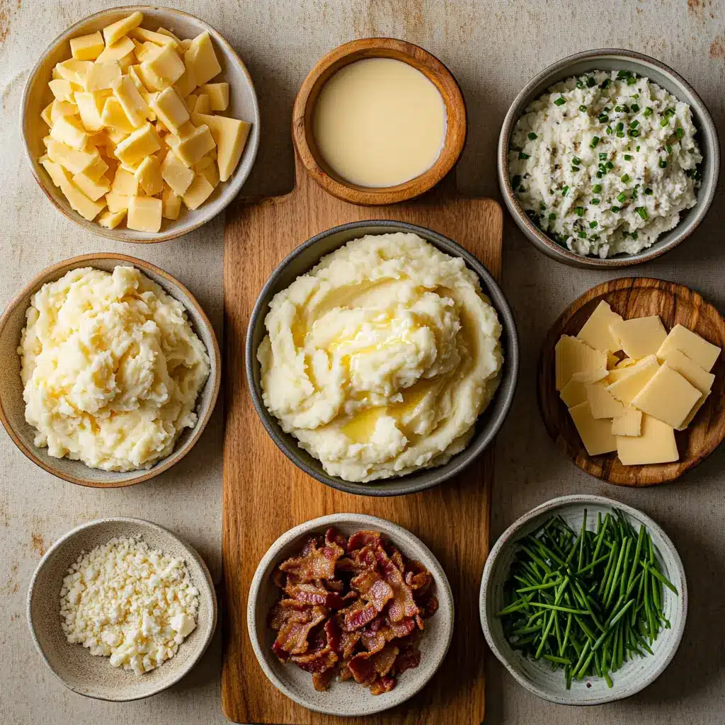 Loaded Mashed Potatoes: Delicious Easy Recipe Revealed 2 LOADED MASHED POTATOES creamy cheddar bacon chives on rustic russet potatoes close up
