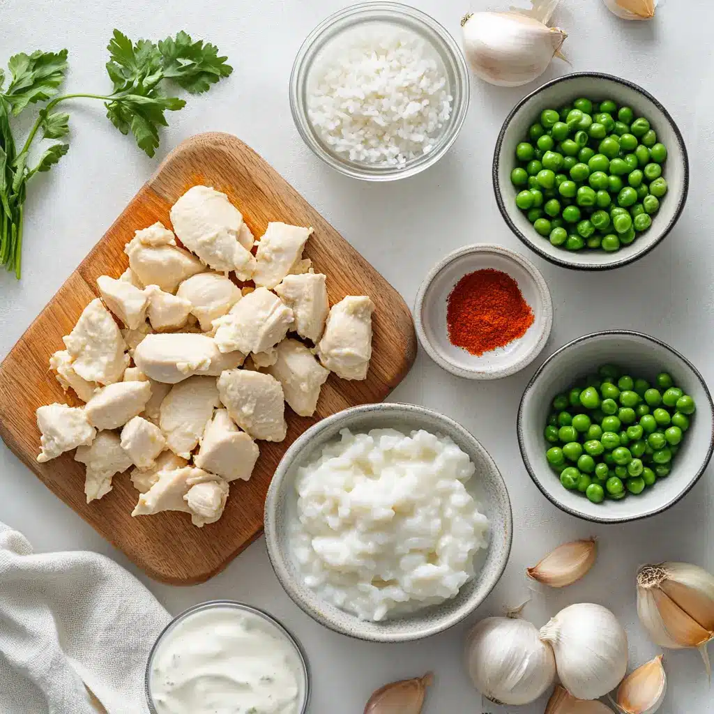 SIZZLE UP CREAMY SMOTHERED CHICKEN AND RICE plated with peas and herbs warm natural light