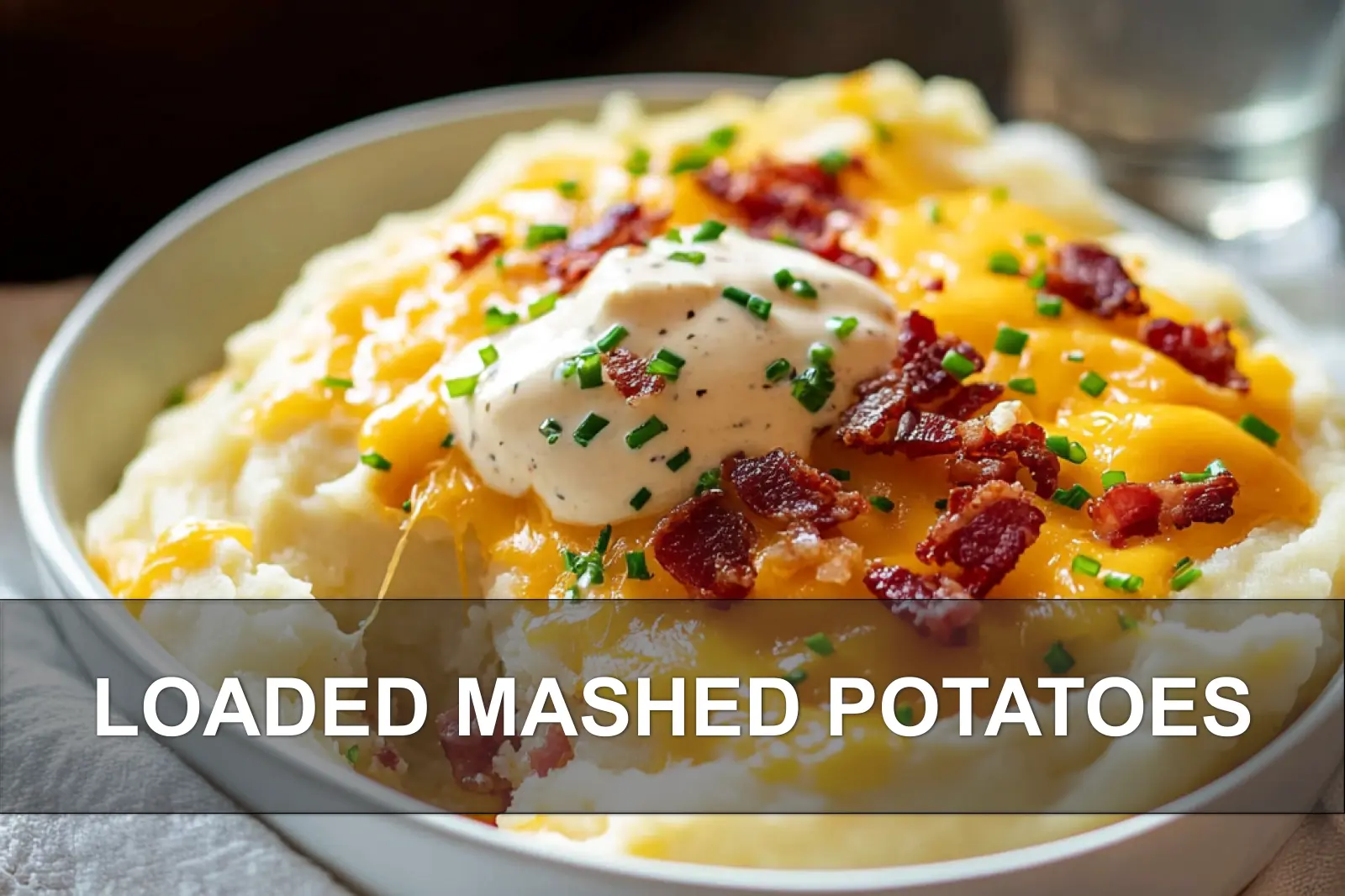 Loaded Mashed Potatoes: Delicious Easy Recipe Revealed 4 LOADED MASHED POTATOES creamy cheddar bacon chives on rustic russet potatoes close up