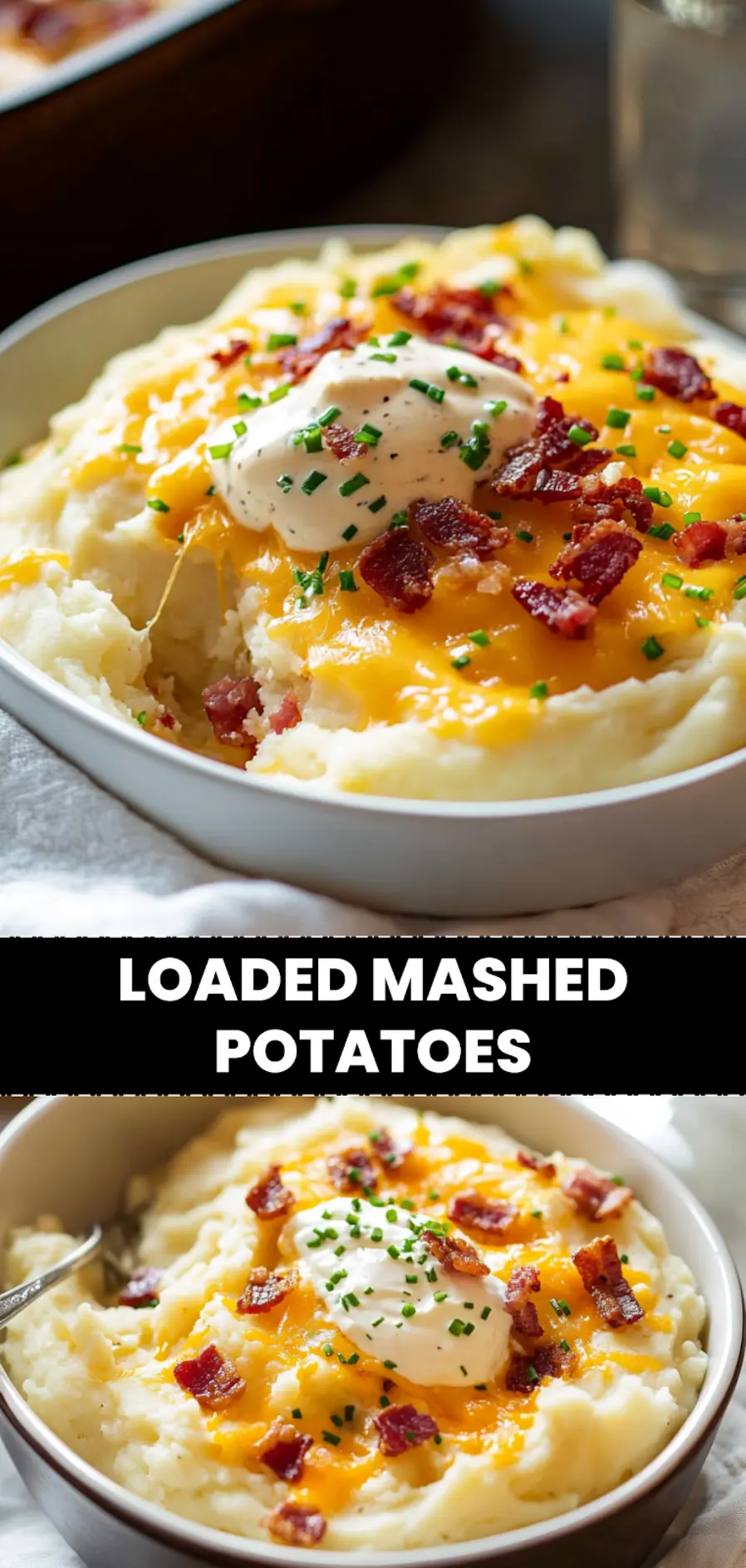 Loaded Mashed Potatoes: Delicious Easy Recipe Revealed 3 LOADED MASHED POTATOES creamy cheddar bacon chives on rustic russet potatoes close up_pin