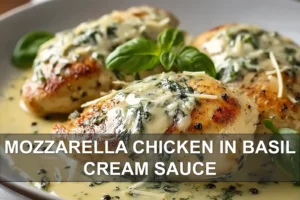 Mozzarella Chicken in Basil Cream Sauce: Easy and Delicious MOZZARELLA CHICKEN IN BASIL CREAM SAUCE plated with melted cheese and fresh basil