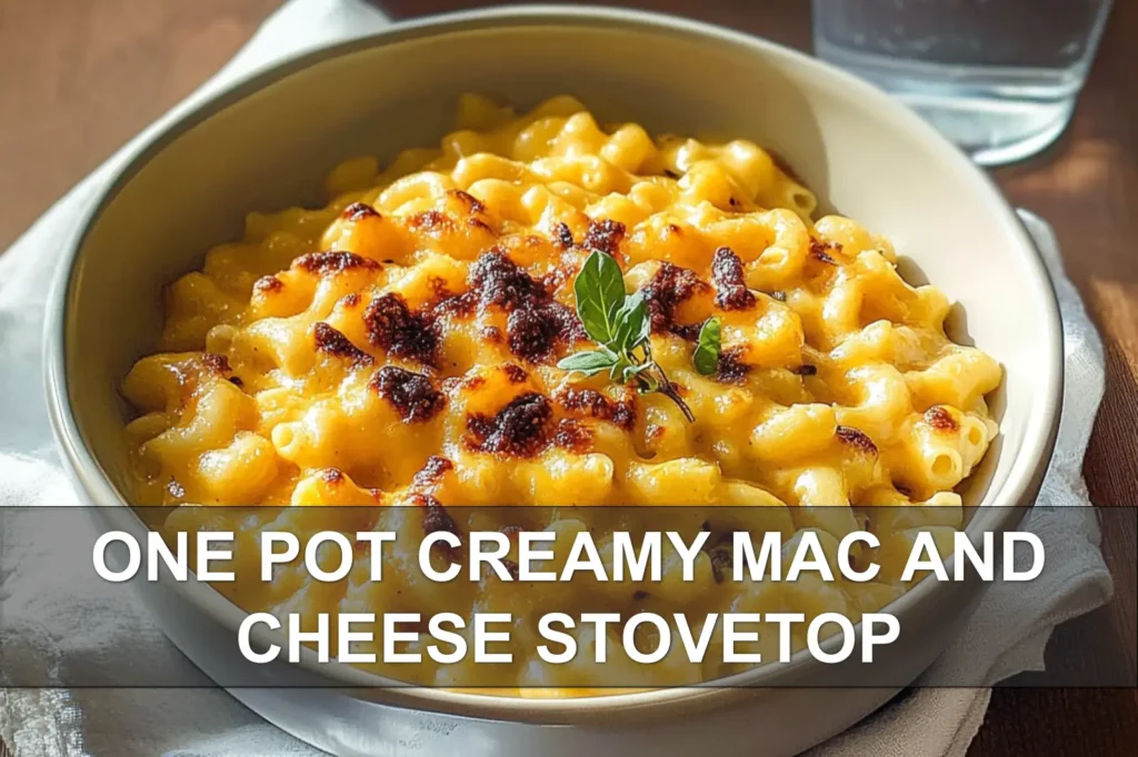 ONE POT CREAMY MAC AND CHEESE STOVETOP warm creamy macaroni in bowl on white napkin with water