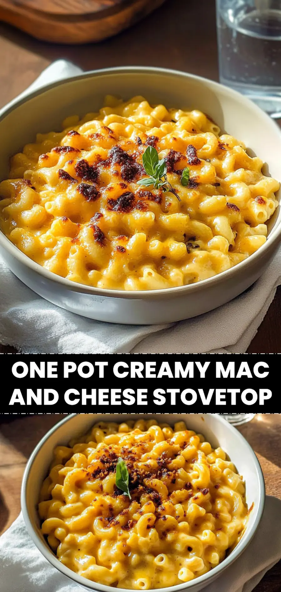 One Pot Creamy Mac and Cheese (Stovetop): Perfect and Delicious 3 ONE POT CREAMY MAC AND CHEESE STOVETOP warm creamy macaroni in bowl on white napkin with water_pin