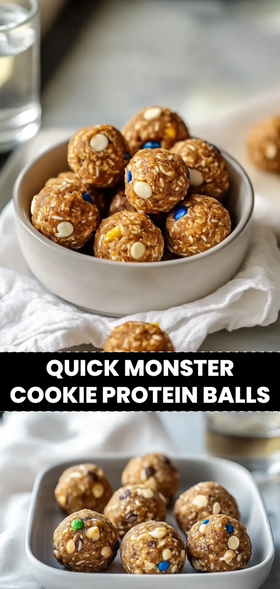 Quick Monster Cookie Protein Balls: Easy and Irresistible 3 QUICK MONSTER COOKIE PROTEIN BALLS close-up on white napkin with glass of water warm focus_pin