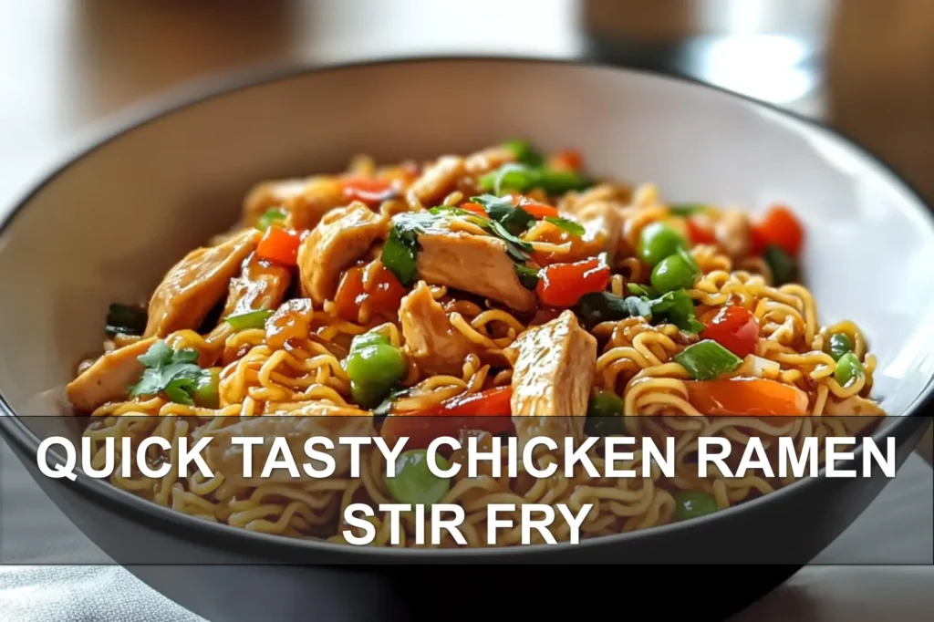 QUICK TASTY CHICKEN RAMEN STIR FRY in a warm plated close-up with glass of water