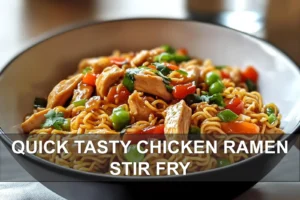 Quick & Tasty Chicken Ramen Stir Fry: Easy Irresistible Dish QUICK TASTY CHICKEN RAMEN STIR FRY in a warm plated close-up with glass of water