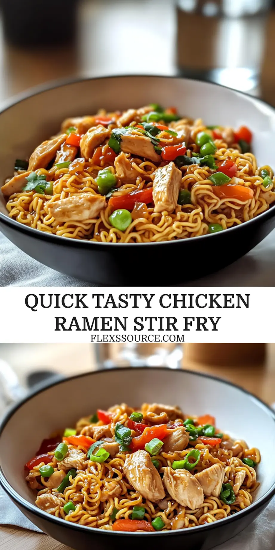 Quick & Tasty Chicken Ramen Stir Fry: Easy Irresistible Dish 3 QUICK TASTY CHICKEN RAMEN STIR FRY in a warm plated close-up with glass of water_pin