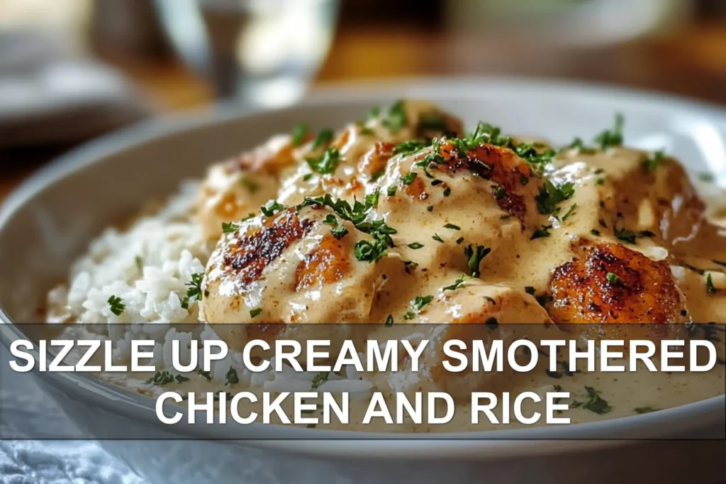 SIZZLE UP CREAMY SMOTHERED CHICKEN AND RICE plated with peas and herbs warm natural light