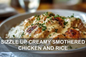 Sizzle Up Creamy Smothered Chicken And Rice: Irresistible Recipe SIZZLE UP CREAMY SMOTHERED CHICKEN AND RICE plated with peas and herbs warm natural light