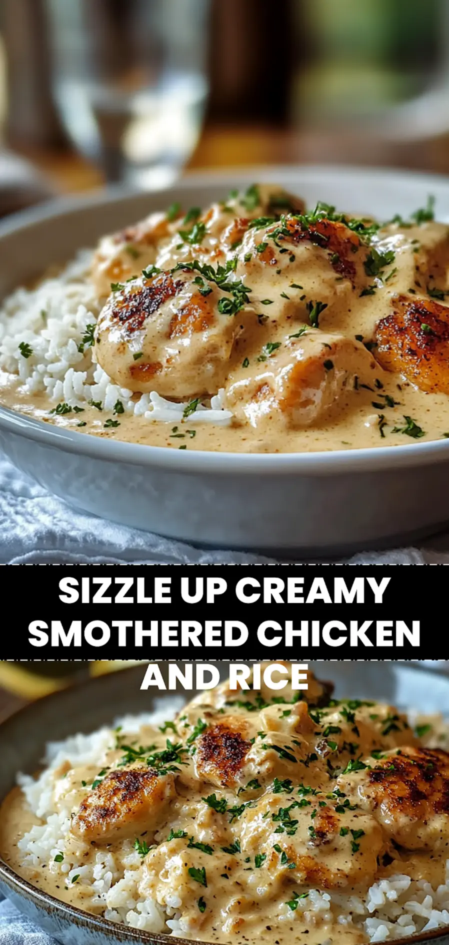 SIZZLE UP CREAMY SMOTHERED CHICKEN AND RICE plated with peas and herbs warm natural light_pin