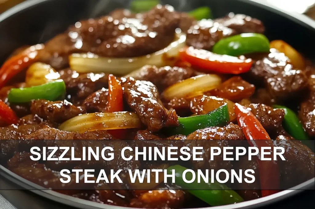 SIZZLING CHINESE PEPPER STEAK WITH ONIONS close up plated beef with steamed rice and glass