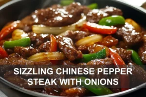 SIZZLING CHINESE PEPPER STEAK WITH ONIONS close up plated beef with steamed rice and glass