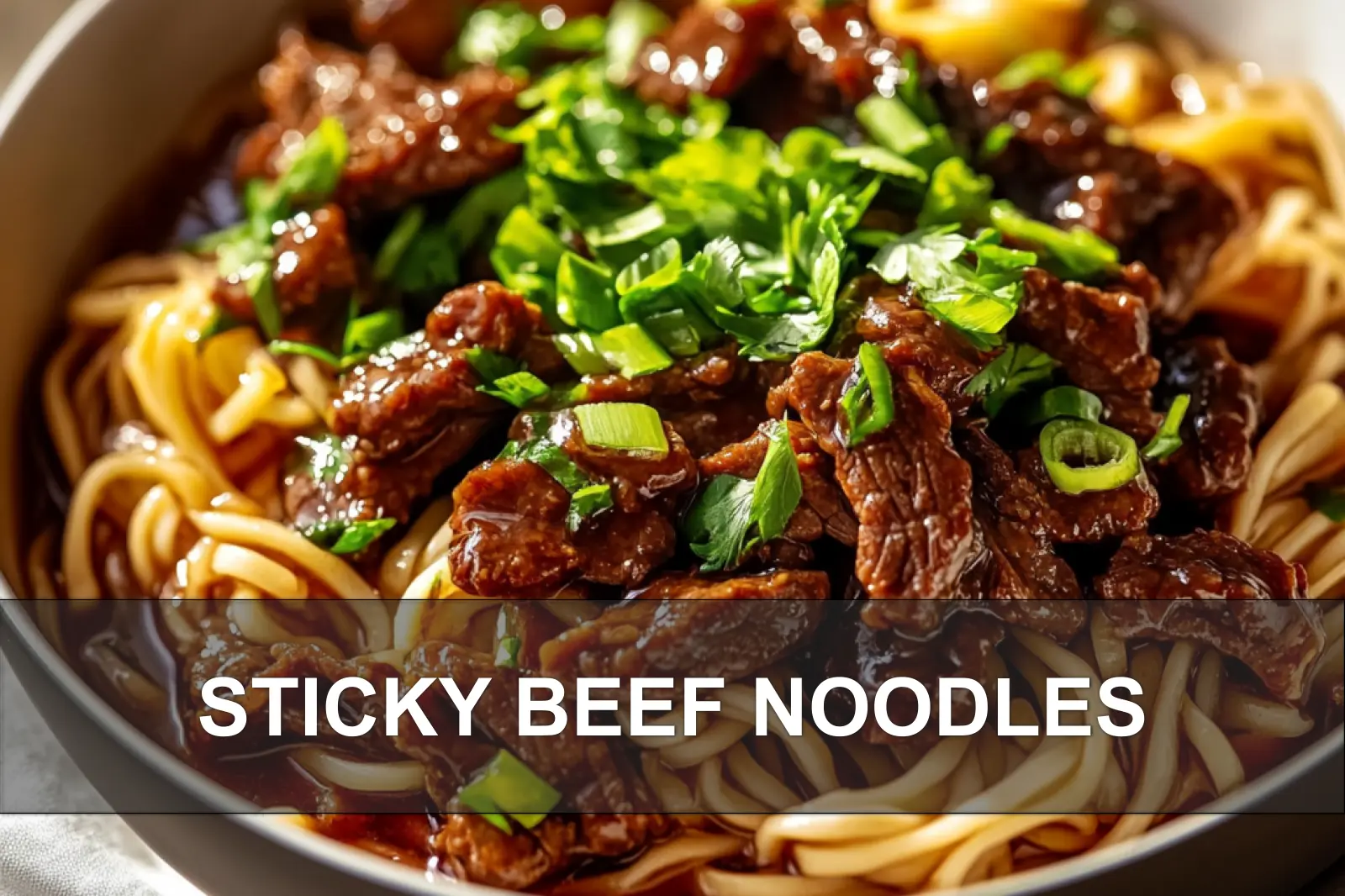 Sticky Beef Noodles: Easy and Delicious Recipe 4 STICKY BEEF NOODLES glossy hoisin steak egg noodles snap peas green onions sesame garnish