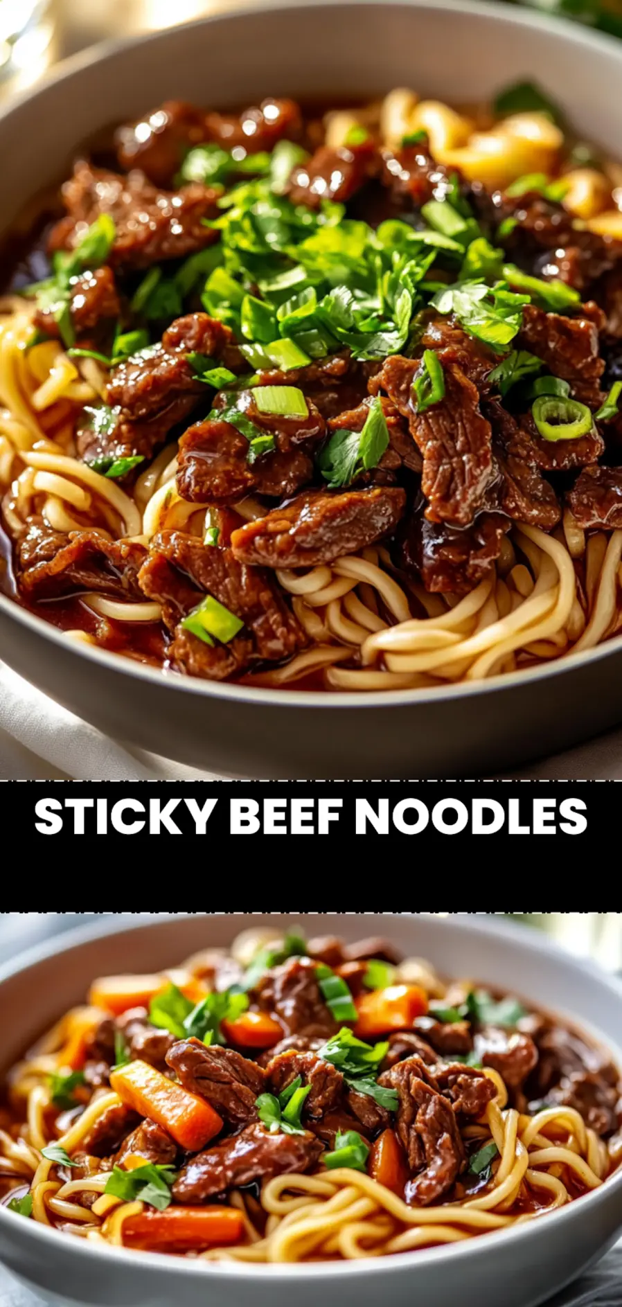 Sticky Beef Noodles: Easy and Delicious Recipe 3 STICKY BEEF NOODLES glossy hoisin steak egg noodles snap peas green onions sesame garnish_pin