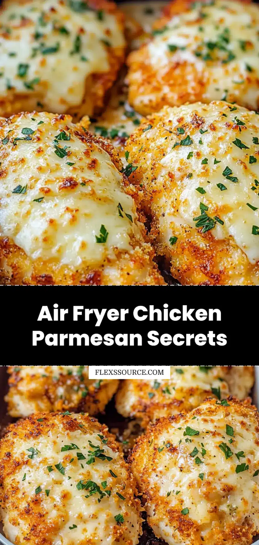 Delicious Air Fryer Chicken Parmesan with melted mozzarella and marinara sauce, garnished with fresh basil, served on a plate ready to eat.