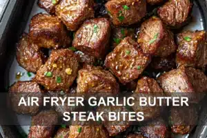 AIR FRYER GARLIC BUTTER STEAK BITES centered hero view, clean and uncluttered