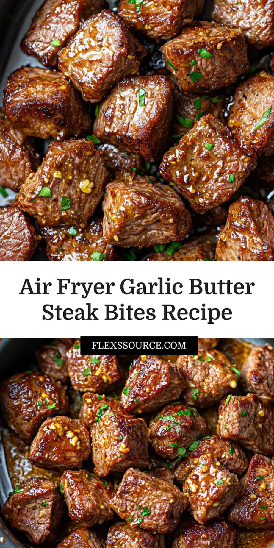 Air Fryer Garlic Butter Steak Bites You Need to Love 3 AIR FRYER GARLIC BUTTER STEAK BITES centered hero view, clean and uncluttered_pin