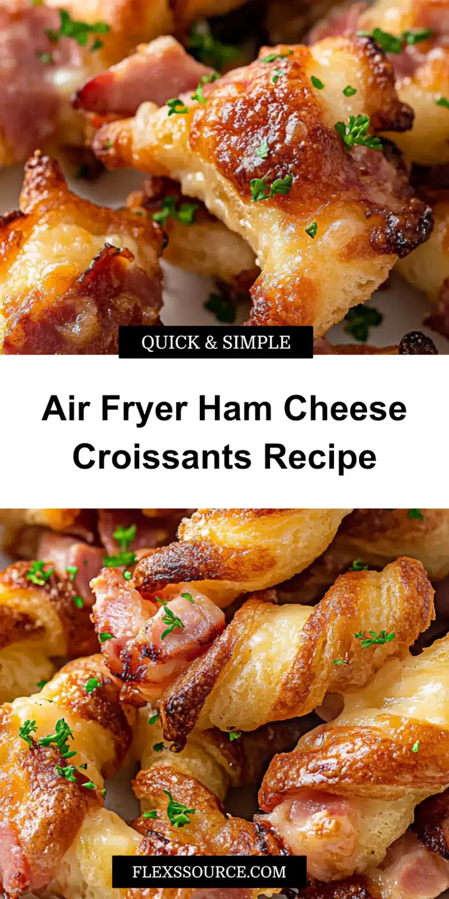 Air Fryer Ham Cheese Croissants: Easy Delicious Recipe 3 AIR FRYER HAM CHEESE CROISSANTS centered hero view, clean and uncluttered_pin