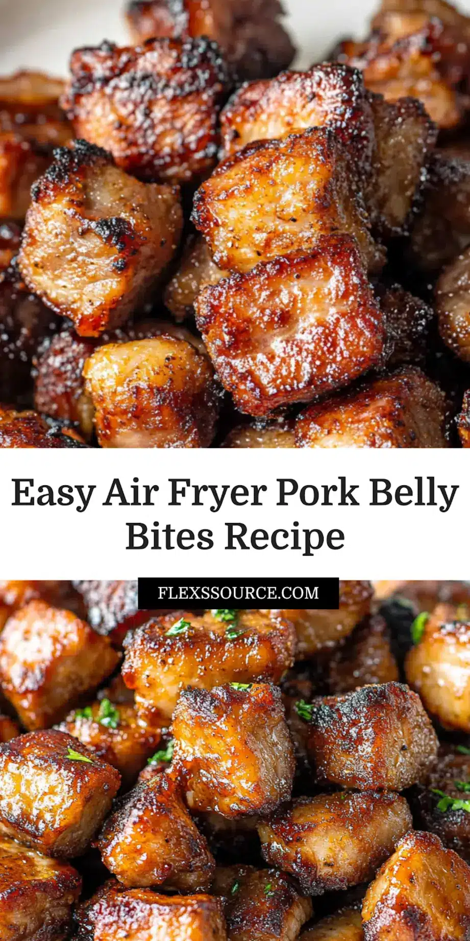 Pinterest graphic featuring golden, crispy Air Fryer Pork Belly Bites with a call to save the recipe for later.